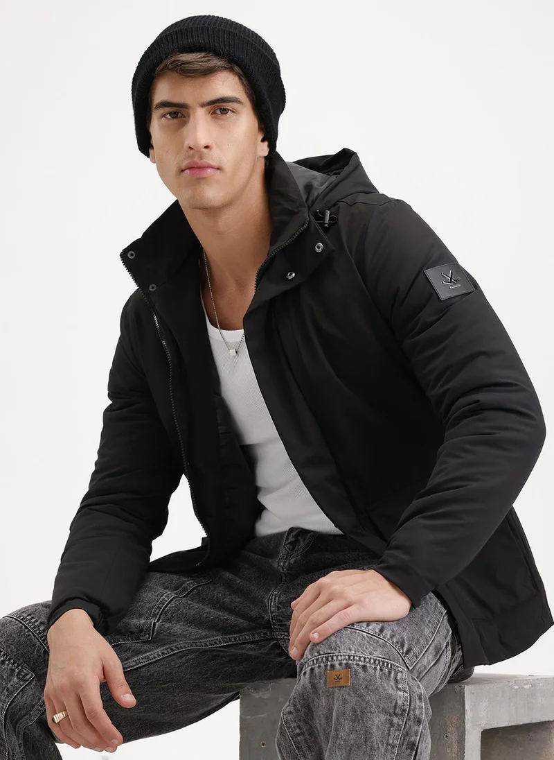 Wrogn Slim Fit Double Pocket Hooded Jacket  | Black